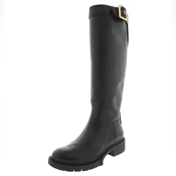 Coach Black Leigh Casual Leather Knee-High Boots With Gold Tone Buckle Accent - Picture 1 of 3